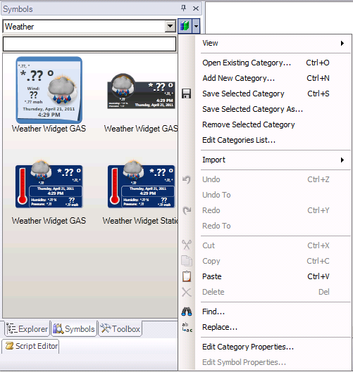 Use the Symbols menu to find symbols, and to organize and manage the Symbols library.