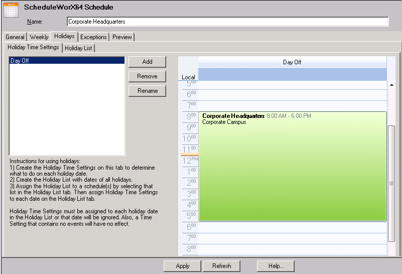 Holidays Tab for Schedules (ScheduleWorX64)