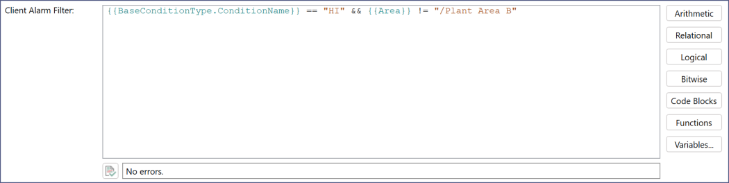 Expression Editor for the Client Alarm Filter with sample expression. The condition allows logging of events for alarms entering the "HI" state that happen in an Area other than "/Plant Area B".