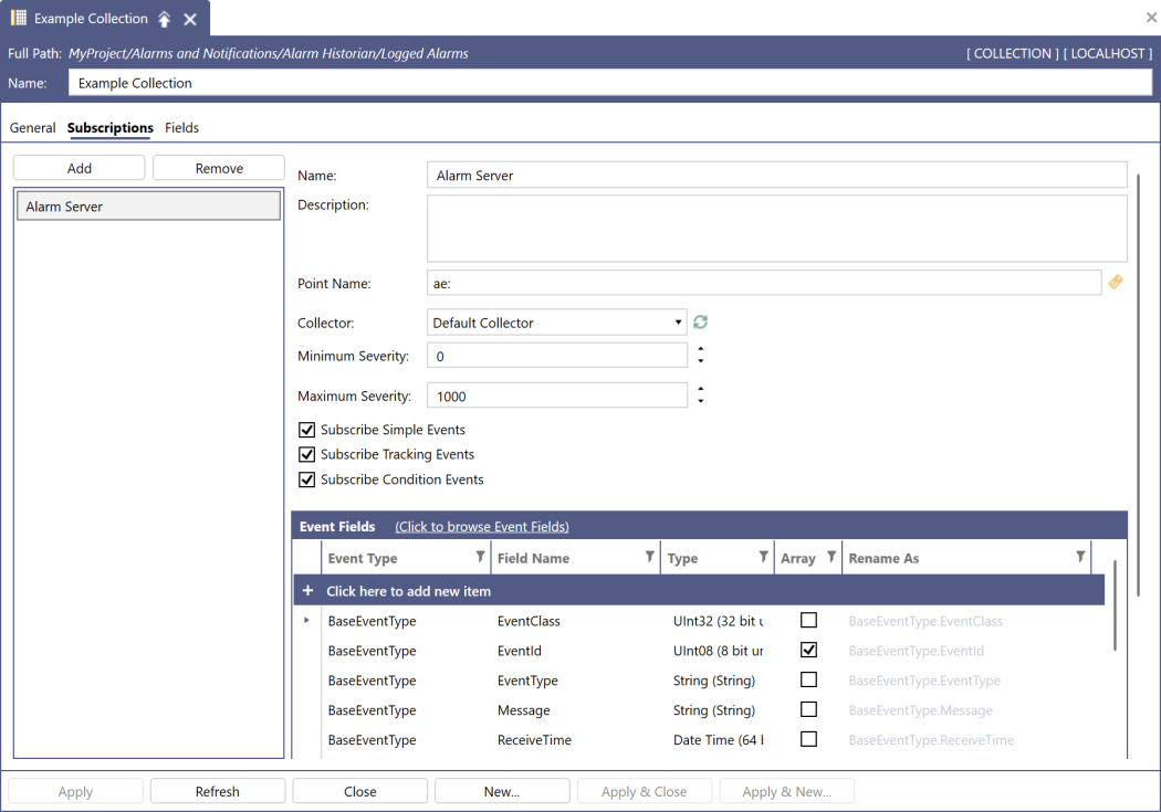 Subscriptions tab of the Collection configurator