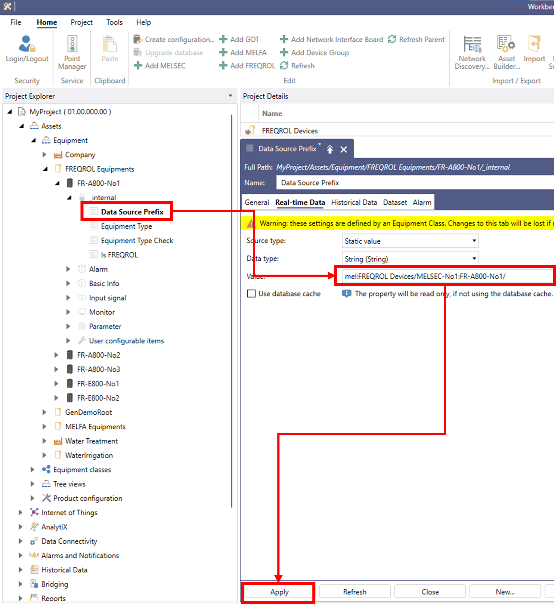 Changing the data source of an equipment instance