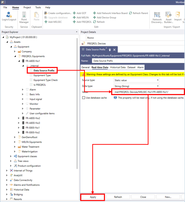 Changing the data source of an equipment instance