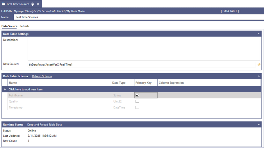 BI Server Data Table Properties