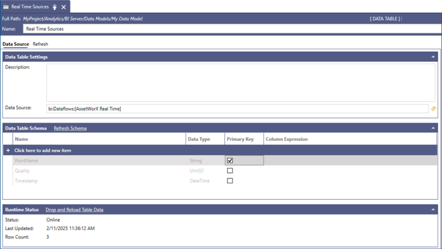 BI Server Data Table Properties