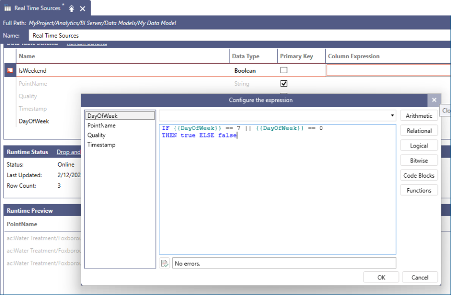 IsWeekend Column Expression in Data Table Schema Panel