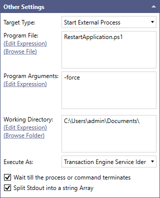 settings for the activity once configured