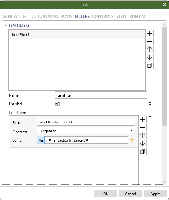 table control with filter