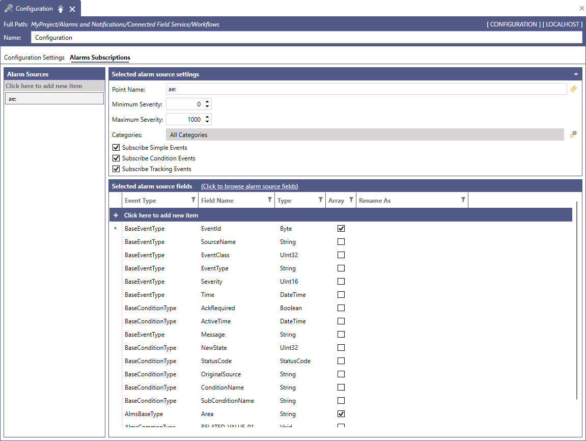 The Alarms Subscriptions tab of a new configuration, showing the default alarm source and its selected fields