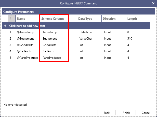 INSERT command parameter configuration