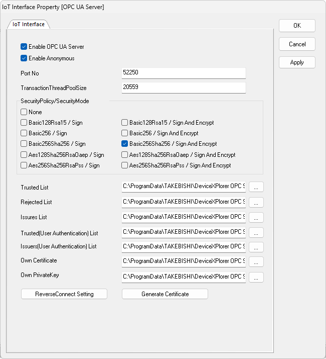 Device Explorer - OPC UA Server properties