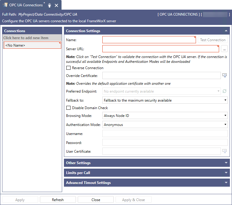 Workbench - Tab OPC UA Connections