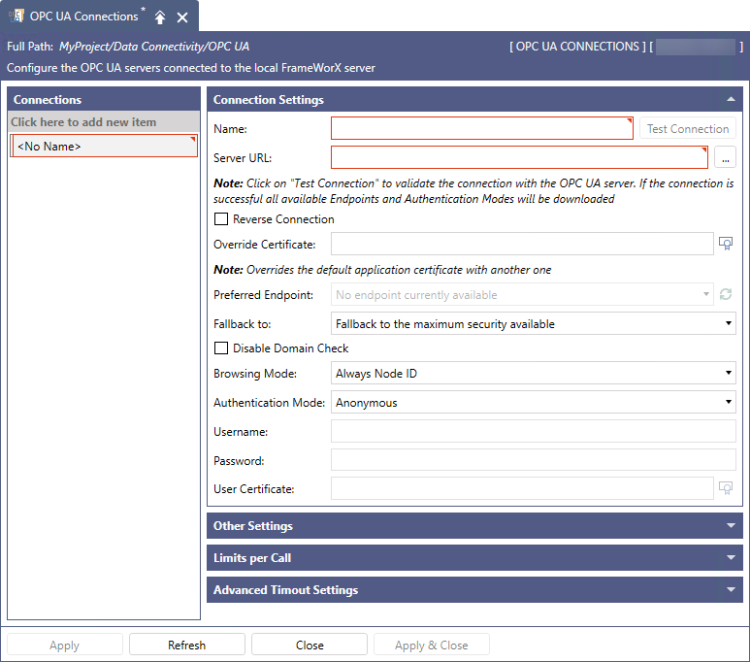 Workbench - Tab OPC UA Connections