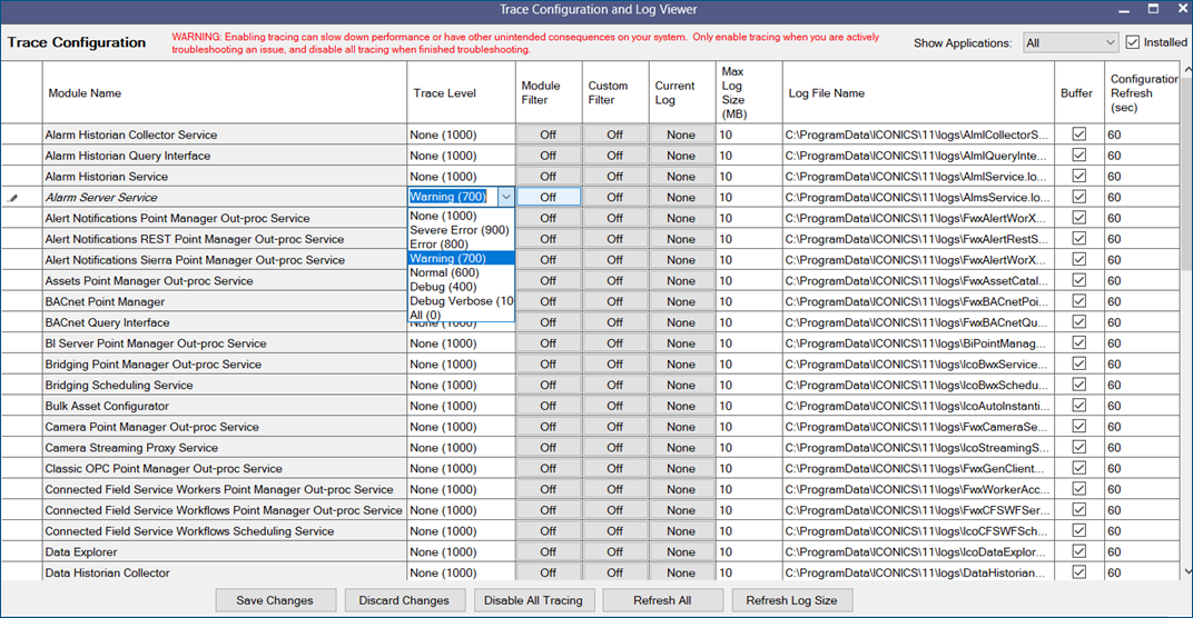 TraceWorX Logging Level