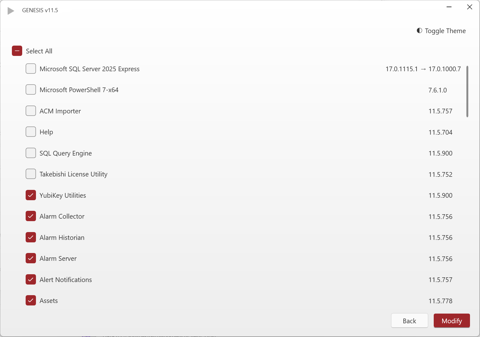 The GENESIS installer component list with YubiKey Utilities selected
