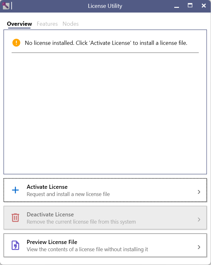 The Overview tab of the License Utility with the Activate License button