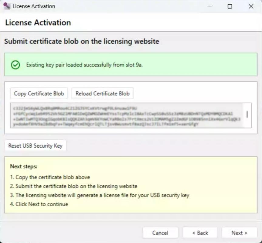 The certificate blob page showing the Copy Certificate Blob button and next steps