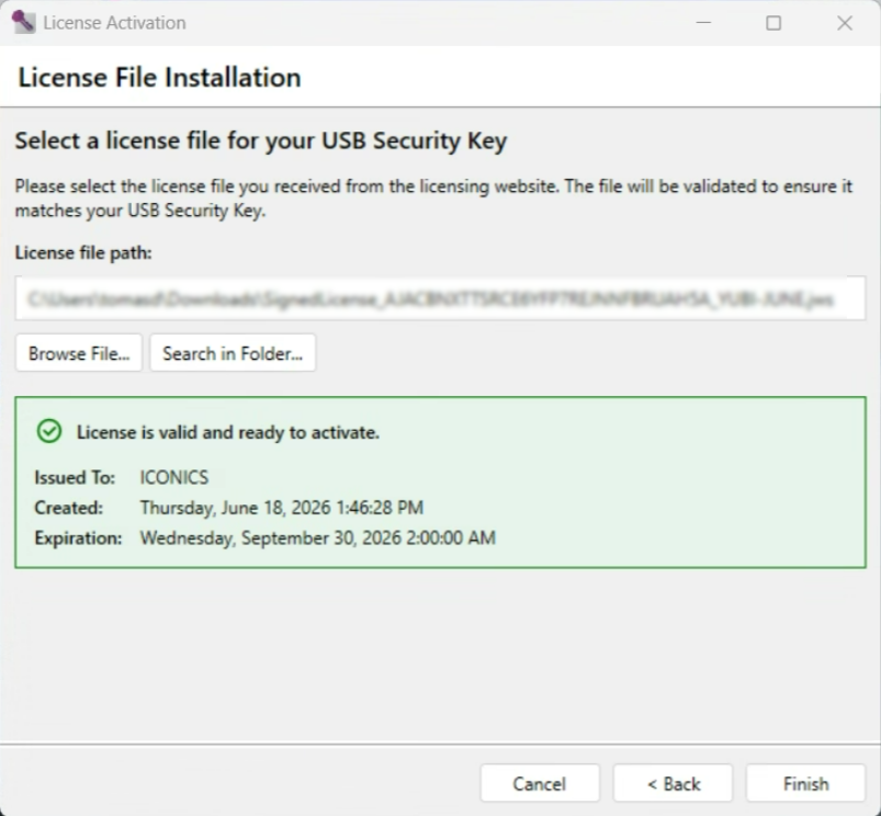 The License File Installation page confirming the license is valid, with the Finish button