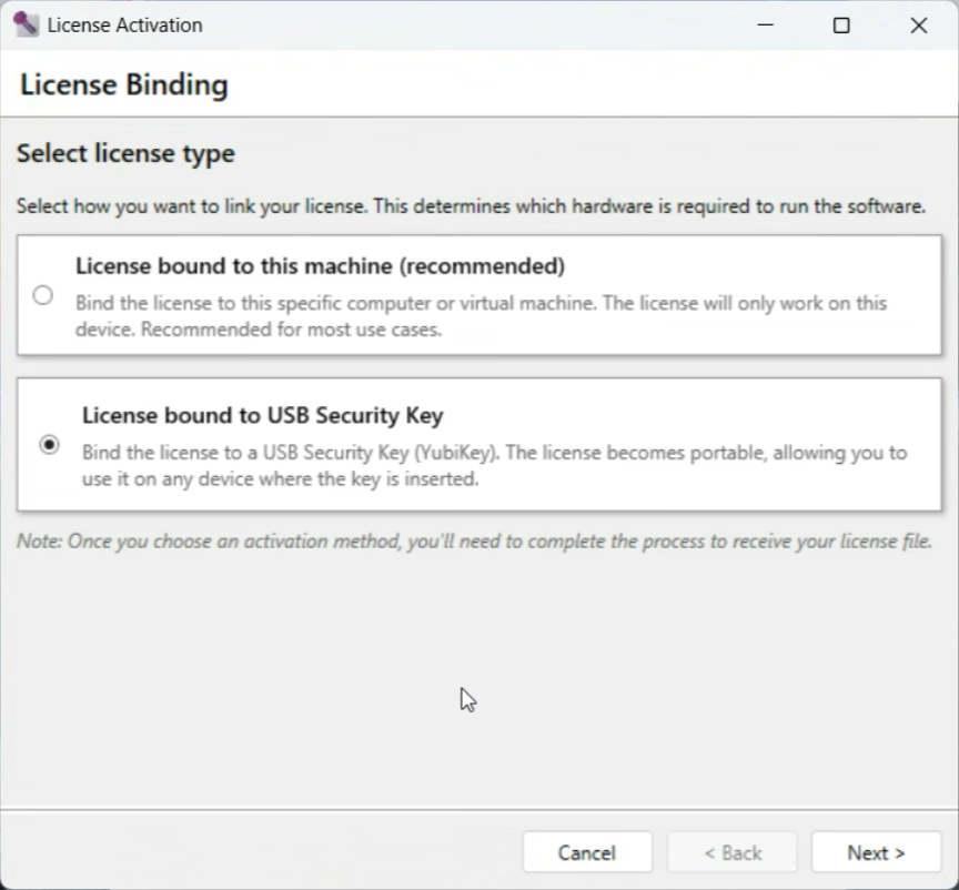 The License Binding page with License bound to USB Security Key selected