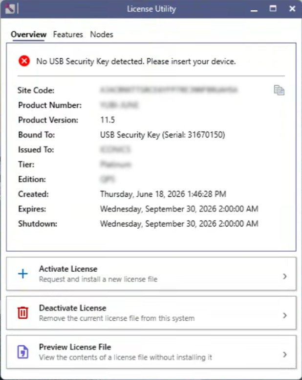 The License Utility showing a license bound to a USB security key, reporting that no key is currently detected